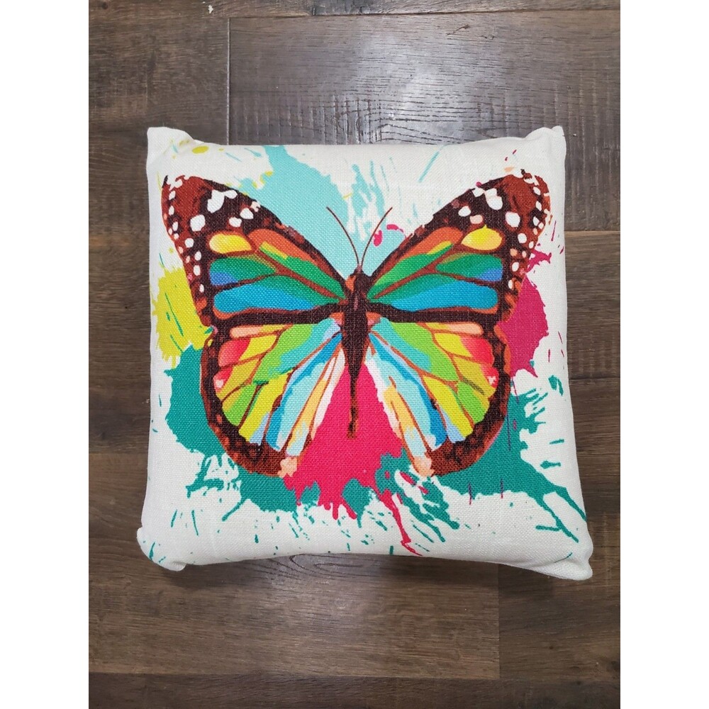 Colorful Butterfly Throw Pillow Square Paint Splatter Design Artsy 12"x12"